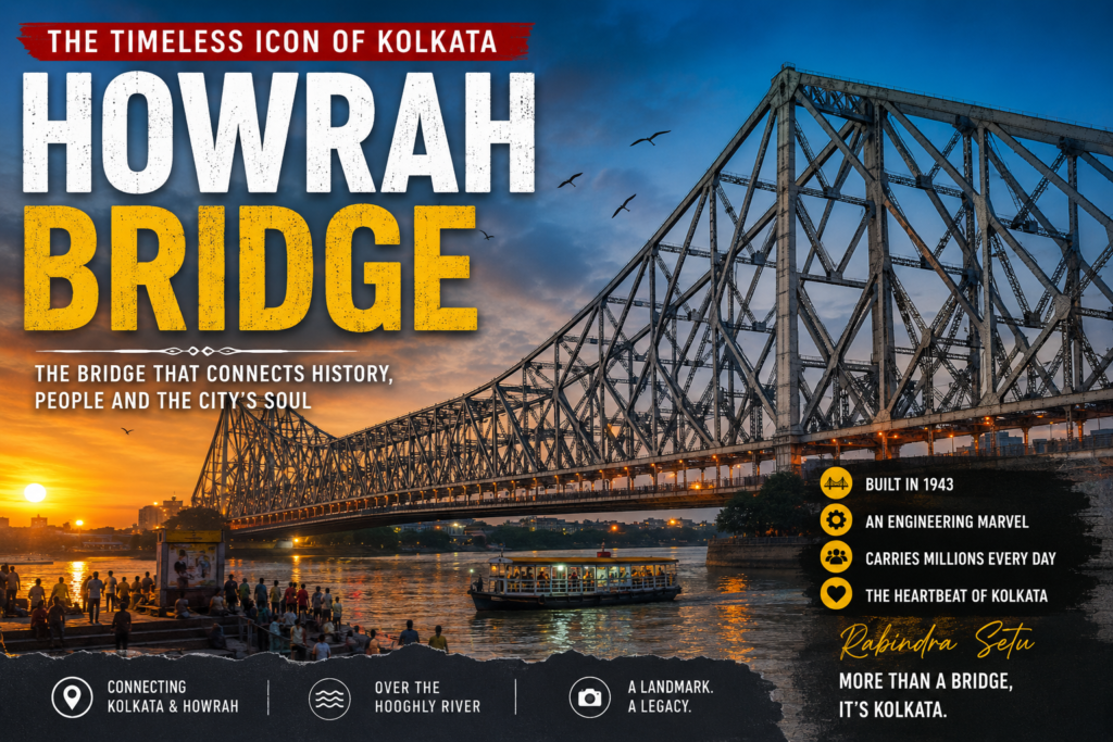 Howrah Bridge over the Hooghly River at sunset, highlighting Rabindra Setu as an iconic symbol of Kolkata, its history, engineering and cultural significance.